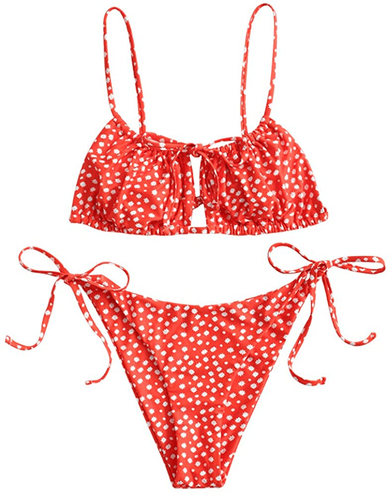 ZAFUL Women's Tie Cutout Keyhole Cami String Bikini Set Two Piece Swimsuit Apparel & Accessories > Clothing > Swimwear ZAFUL Floral-red Medium