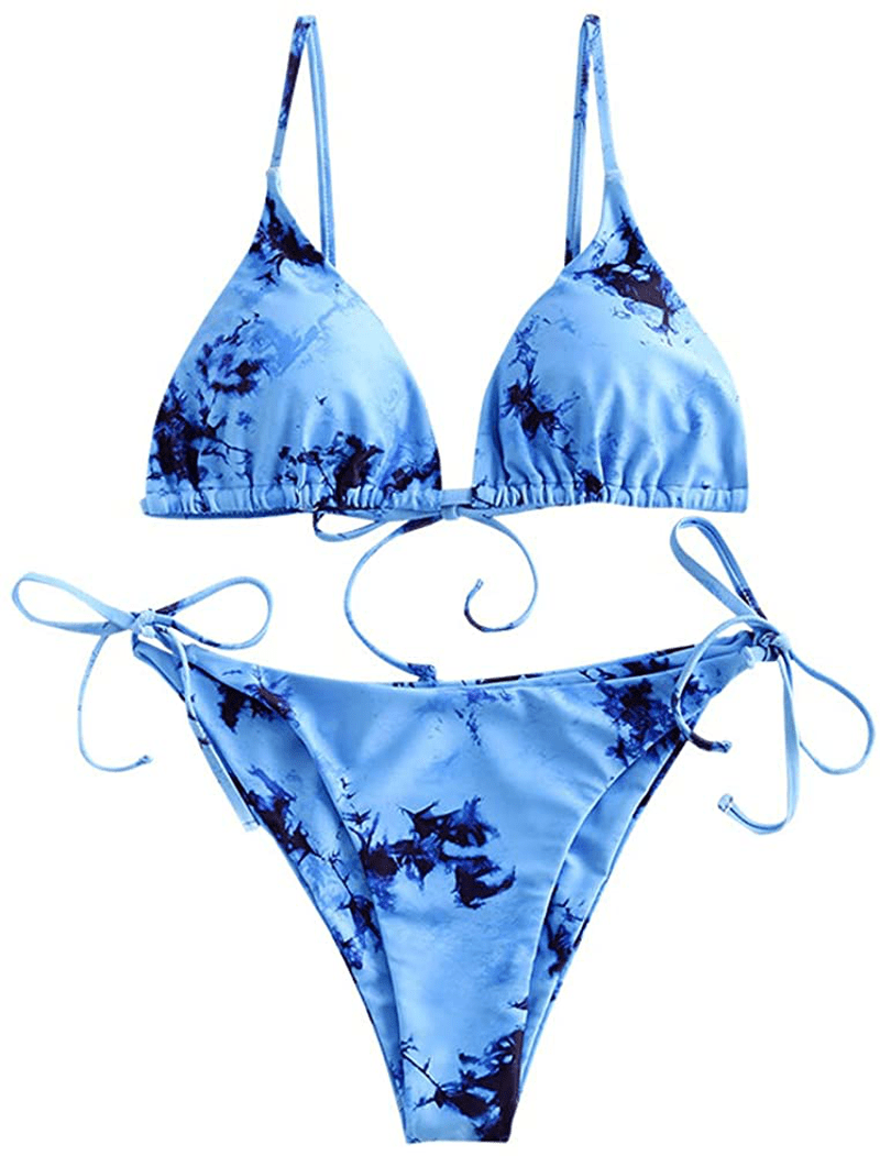 ZAFUL Women's Tie Dye Cinched String Triangle Bikini Set Three Piece Swimsuit Apparel & Accessories > Clothing > Swimwear ZAFUL 2 Piece-blue Medium
