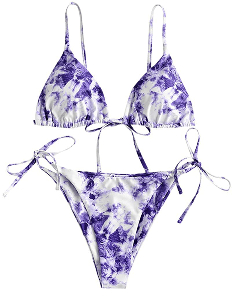 ZAFUL Women's Tie Dye Cinched String Triangle Bikini Set Three Piece Swimsuit Apparel & Accessories > Clothing > Swimwear ZAFUL 2 Piece-purple2 Small