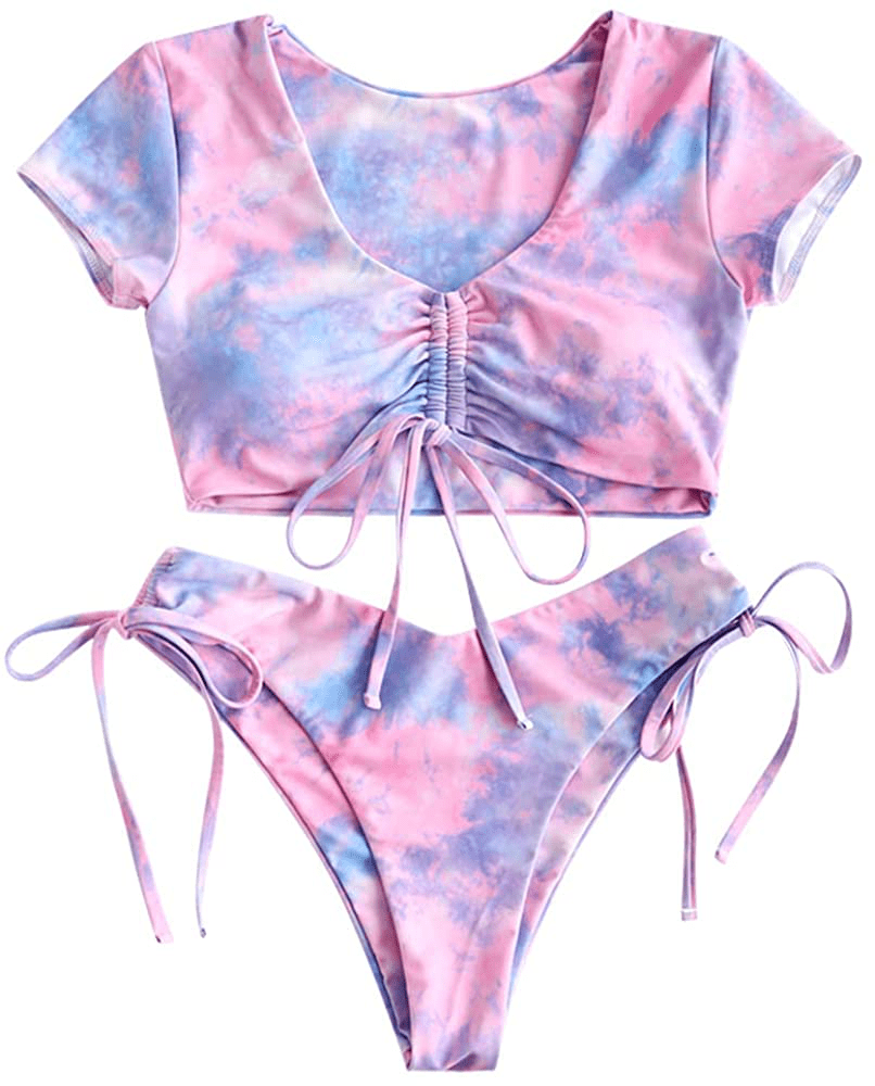 ZAFUL Women's Tie Dye Cinched String Triangle Bikini Set Three Piece Swimsuit Apparel & Accessories > Clothing > Swimwear ZAFUL Shirt-light Blue Medium