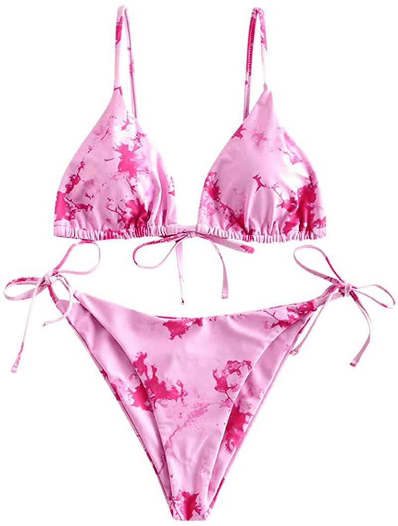 ZAFUL Women's Tie Dye Cinched String Triangle Bikini Set Three Piece Swimsuit Apparel & Accessories > Clothing > Swimwear ZAFUL 2 Piece-pink Small