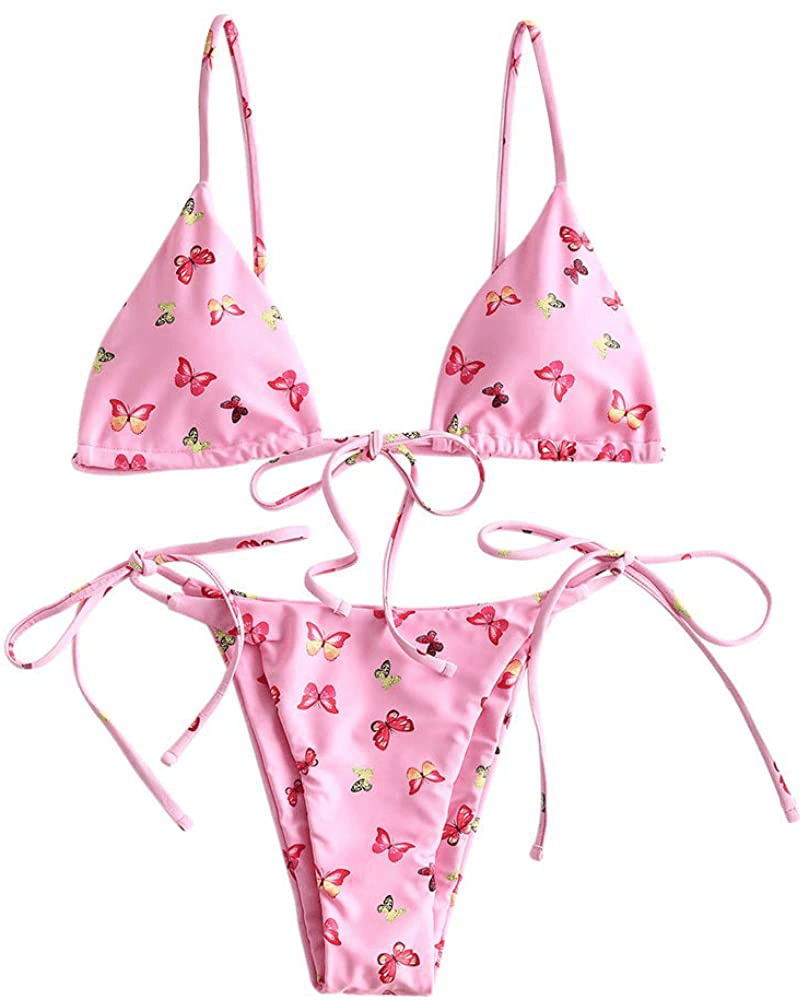 ZAFUL Women's Tie Dye Cinched String Triangle Bikini Set Three Piece Swimsuit Apparel & Accessories > Clothing > Swimwear ZAFUL 2 Piece-butterfly Pink Large
