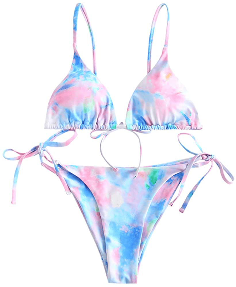 ZAFUL Women's Tie Dye Cinched String Triangle Bikini Set Three Piece Swimsuit Apparel & Accessories > Clothing > Swimwear ZAFUL 2 Piece-light Blue Large