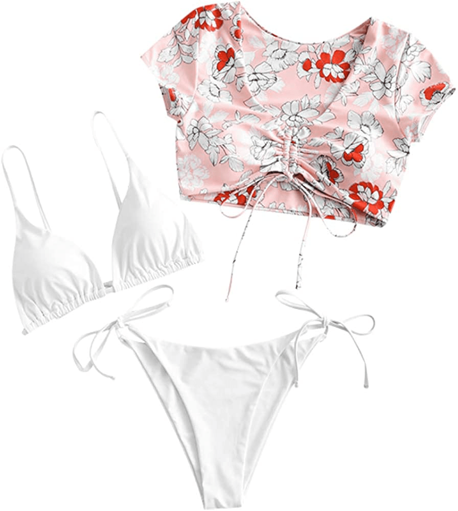 ZAFUL Women's Tie Dye Cinched String Triangle Bikini Set Three Piece Swimsuit Apparel & Accessories > Clothing > Swimwear ZAFUL 3 Piece-floral White Large