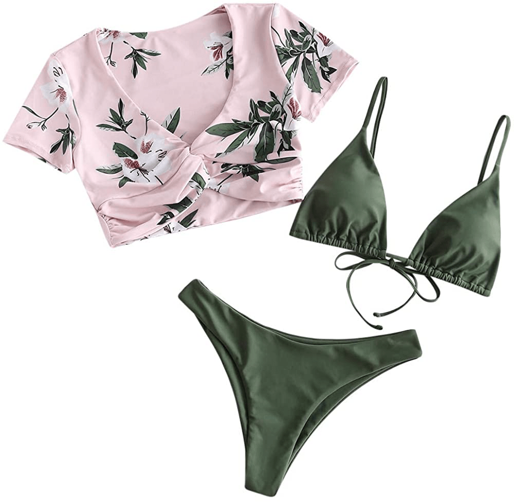ZAFUL Women's Tie Dye Cinched String Triangle Bikini Set Three Piece Swimsuit Apparel & Accessories > Clothing > Swimwear ZAFUL C-3-piece Grayish Small