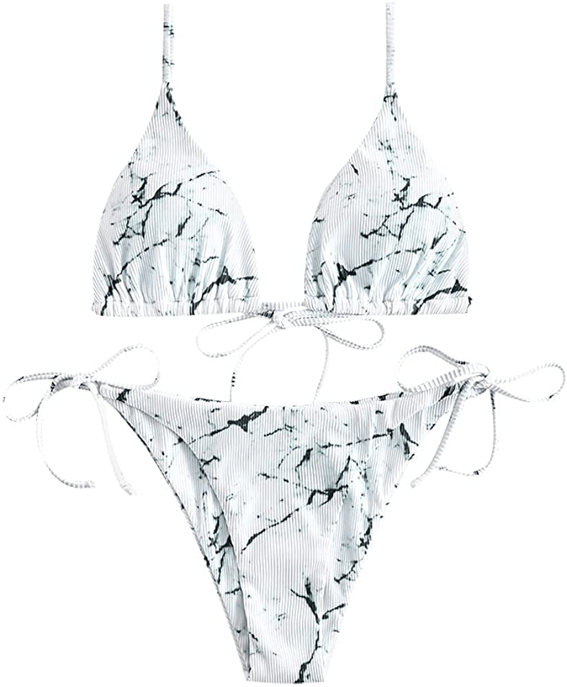 ZAFUL Women's Tie Dye Cinched String Triangle Bikini Set Three Piece Swimsuit Apparel & Accessories > Clothing > Swimwear ZAFUL 2 Piece-marble White Small