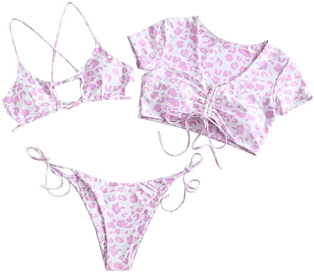 ZAFUL Women's Tie Dye Cinched String Triangle Bikini Set Three Piece Swimsuit Apparel & Accessories > Clothing > Swimwear ZAFUL 3 Piece-leopard Rose Large