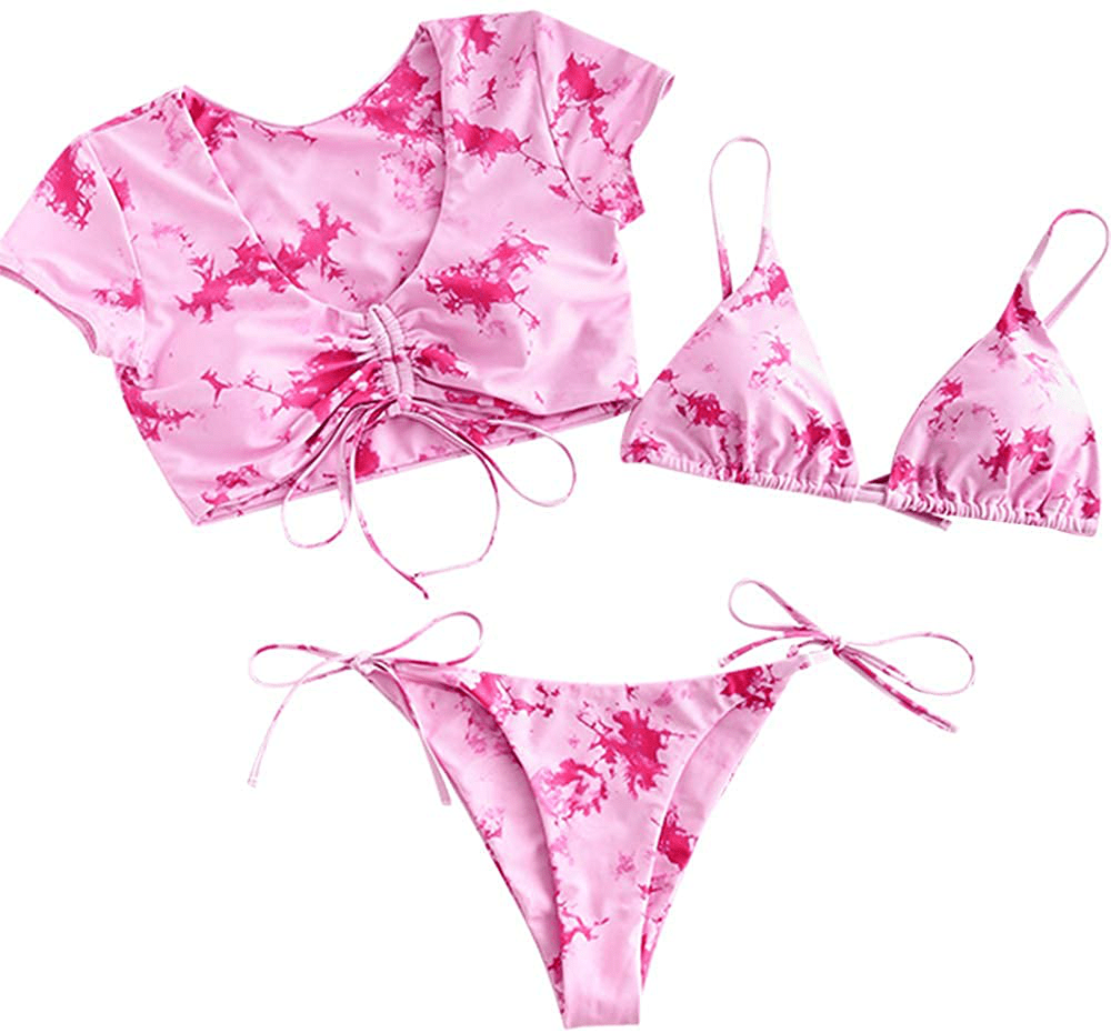 ZAFUL Women's Tie Dye Cinched String Triangle Bikini Set Three Piece Swimsuit Apparel & Accessories > Clothing > Swimwear ZAFUL Violet Red Small