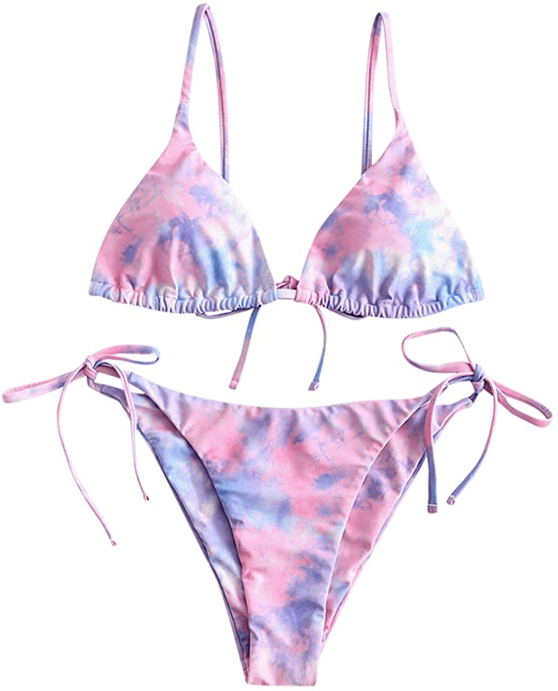 ZAFUL Women's Tie Dye Cinched String Triangle Bikini Set Three Piece Swimsuit Apparel & Accessories > Clothing > Swimwear ZAFUL 2 Piece-pig Pink Small