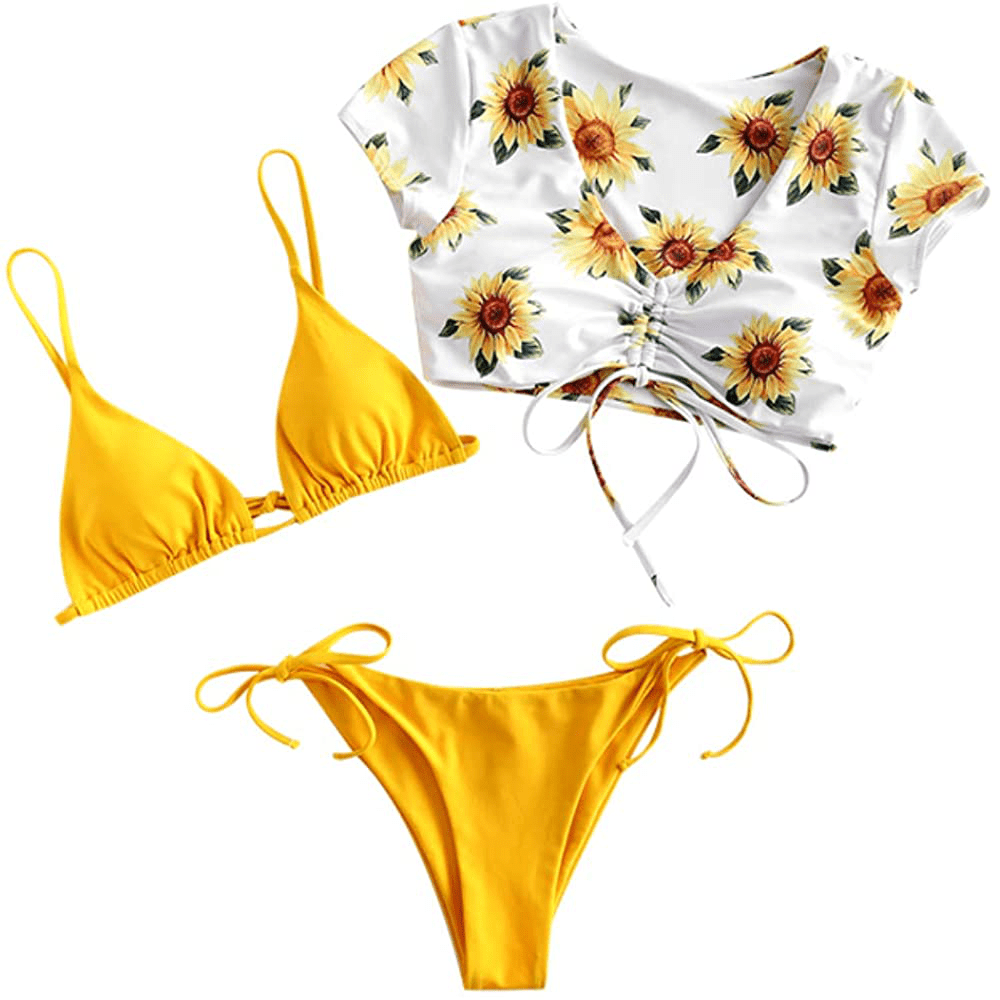 ZAFUL Women's Tie Dye Cinched String Triangle Bikini Set Three Piece Swimsuit Apparel & Accessories > Clothing > Swimwear ZAFUL 3 Piece-floral Yellow Small