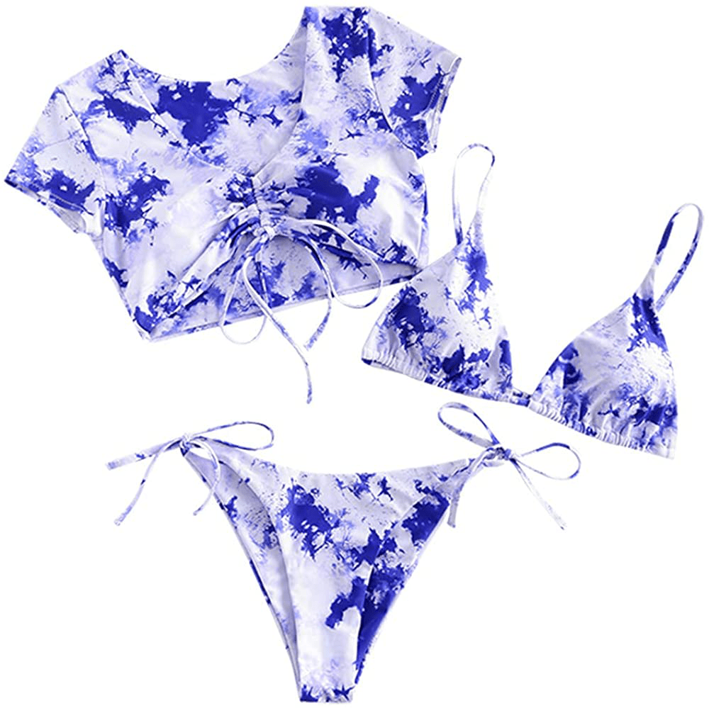 ZAFUL Women's Tie Dye Cinched String Triangle Bikini Set Three Piece Swimsuit Apparel & Accessories > Clothing > Swimwear ZAFUL Blueberry Blue Large