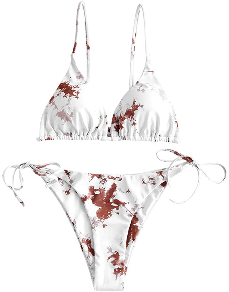 ZAFUL Women's Tie Dye Cinched String Triangle Bikini Set Three Piece Swimsuit Apparel & Accessories > Clothing > Swimwear ZAFUL 2 Piece-sepia Medium