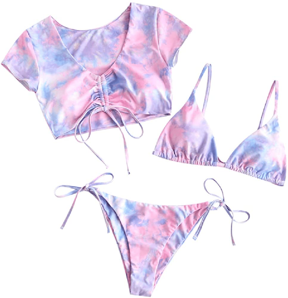 ZAFUL Women's Tie Dye Cinched String Triangle Bikini Set Three Piece Swimsuit Apparel & Accessories > Clothing > Swimwear ZAFUL F-3-piece Pink Small