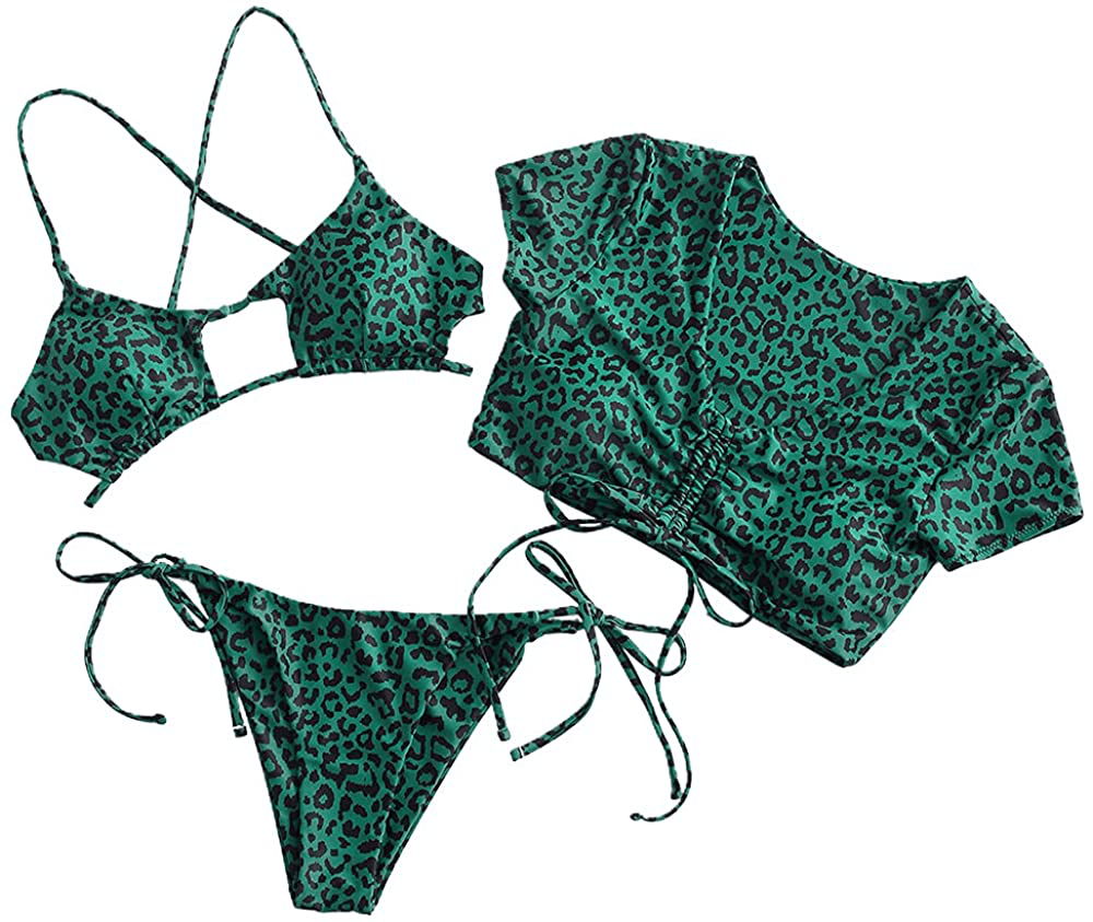 ZAFUL Women's Tie Dye Cinched String Triangle Bikini Set Three Piece Swimsuit Apparel & Accessories > Clothing > Swimwear ZAFUL 3 Piece-leopard Green Large