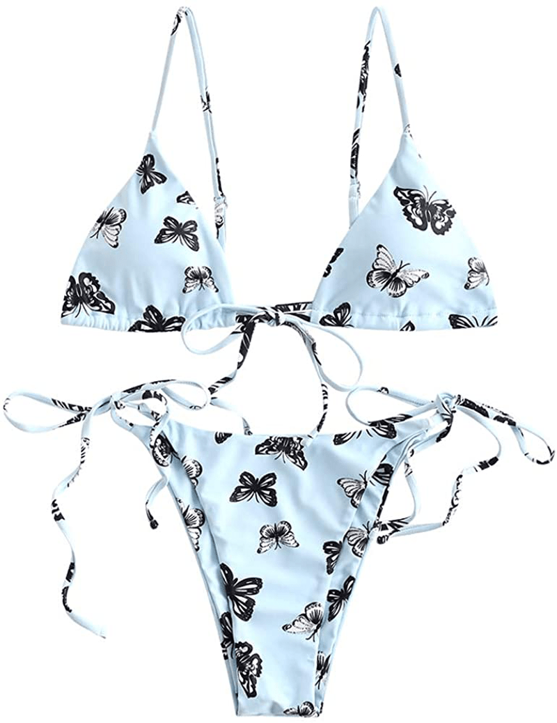 ZAFUL Women's Tie Dye Cinched String Triangle Bikini Set Three Piece Swimsuit Apparel & Accessories > Clothing > Swimwear ZAFUL 2 Piece-butterfly Light Blue Large