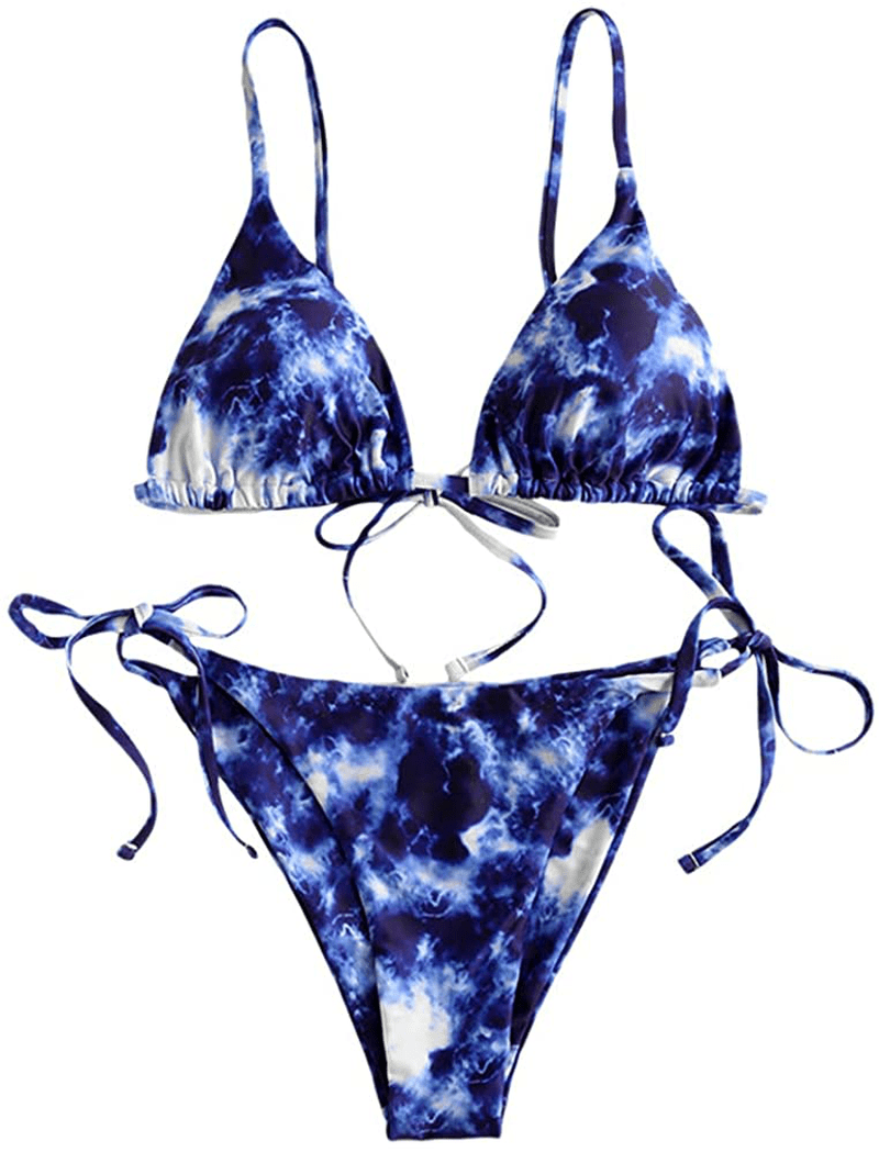 ZAFUL Women's Tie Dye Cinched String Triangle Bikini Set Three Piece Swimsuit Apparel & Accessories > Clothing > Swimwear ZAFUL 2 Piece-deep Blue Small