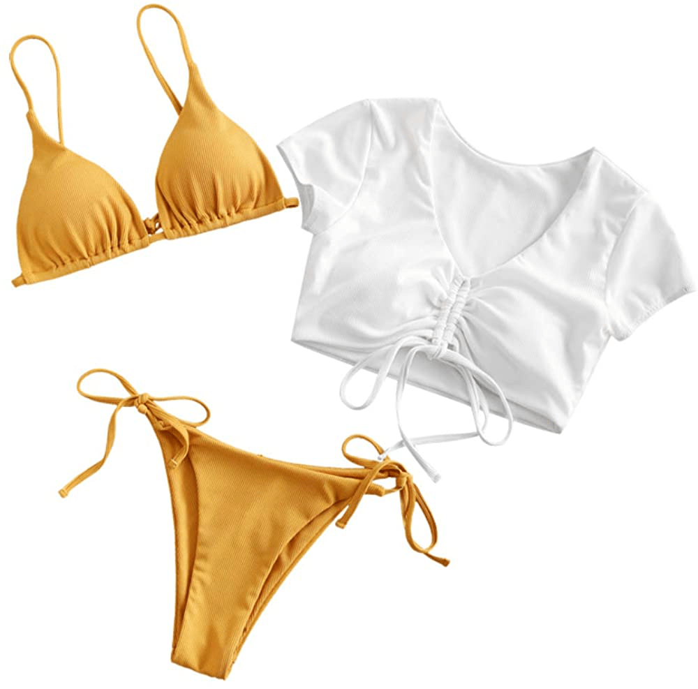 ZAFUL Women's Tie Dye Cinched String Triangle Bikini Set Three Piece Swimsuit Apparel & Accessories > Clothing > Swimwear ZAFUL 3 Piece-mustard Medium