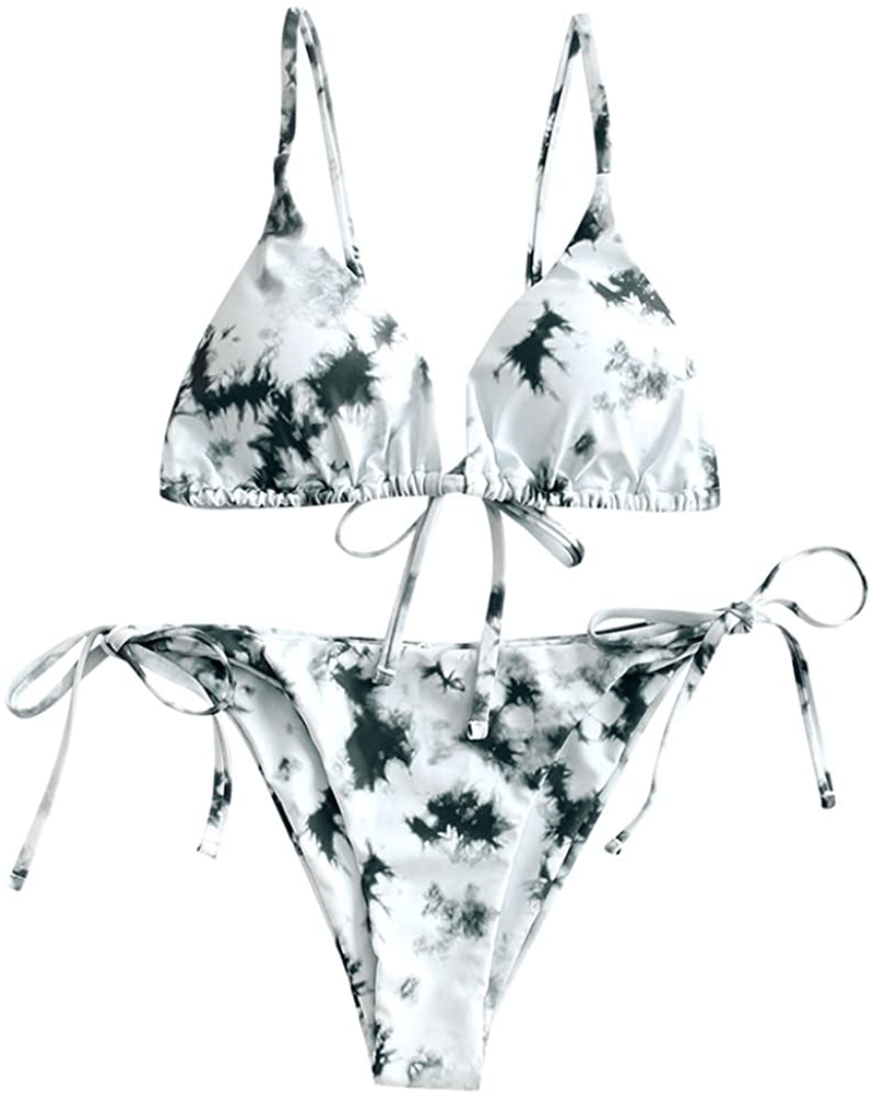ZAFUL Women's Tie Dye Cinched String Triangle Bikini Set Three Piece Swimsuit Apparel & Accessories > Clothing > Swimwear ZAFUL 2 Piece-gray Large