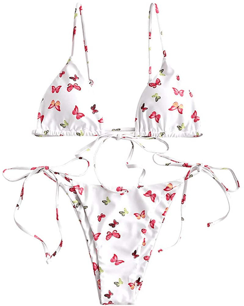 ZAFUL Women's Tie Dye Cinched String Triangle Bikini Set Three Piece Swimsuit Apparel & Accessories > Clothing > Swimwear ZAFUL 2 Piece-butterfly White Large