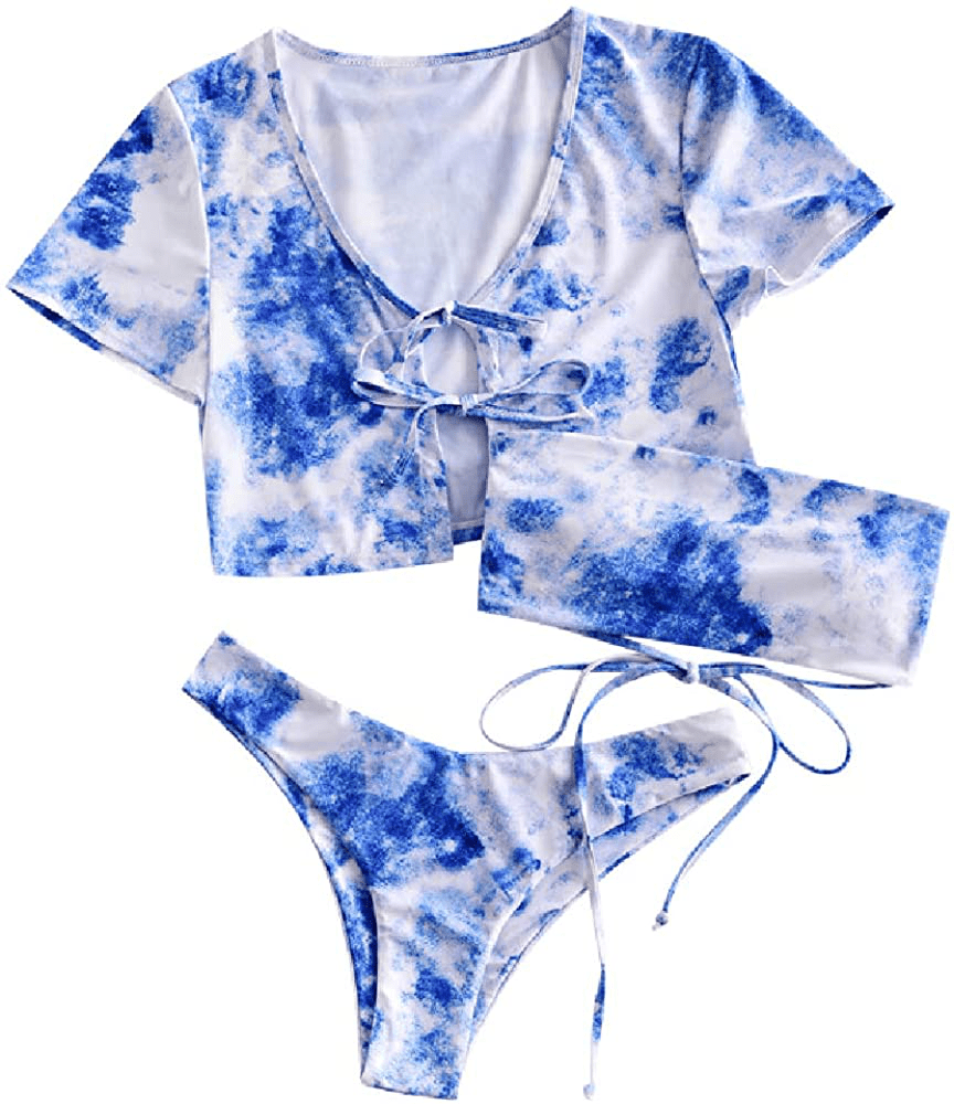 ZAFUL Women's Tie Dye Cinched String Triangle Bikini Set Three Piece Swimsuit Apparel & Accessories > Clothing > Swimwear ZAFUL 3 Piece-blue Small