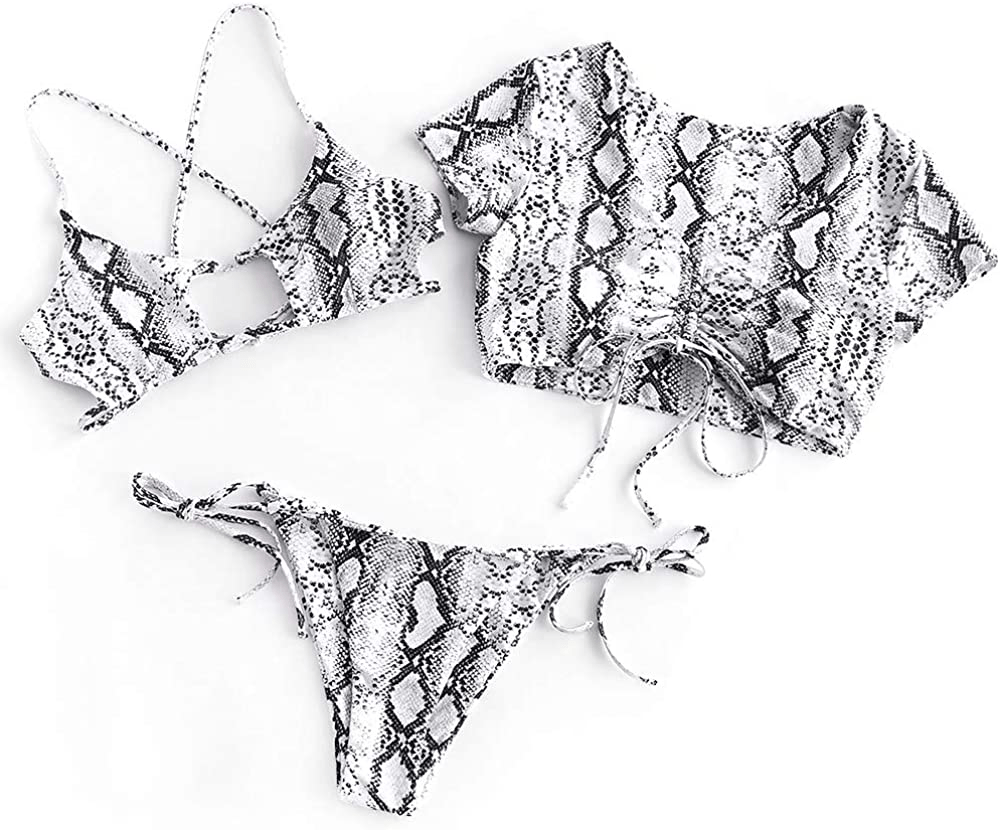 ZAFUL Women's Tie Dye Cinched String Triangle Bikini Set Three Piece Swimsuit Apparel & Accessories > Clothing > Swimwear ZAFUL B-3-piece White Small