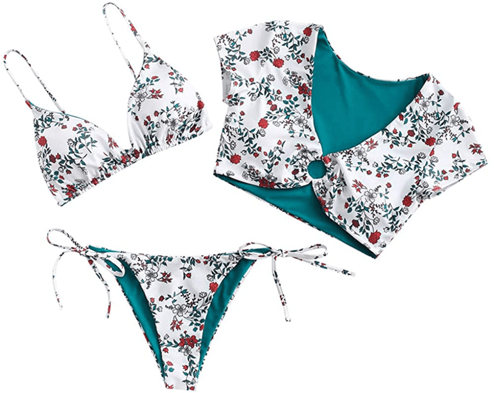 ZAFUL Women's Tie Dye Cinched String Triangle Bikini Set Three Piece Swimsuit Apparel & Accessories > Clothing > Swimwear ZAFUL 3 Piece-peacock Blue Medium
