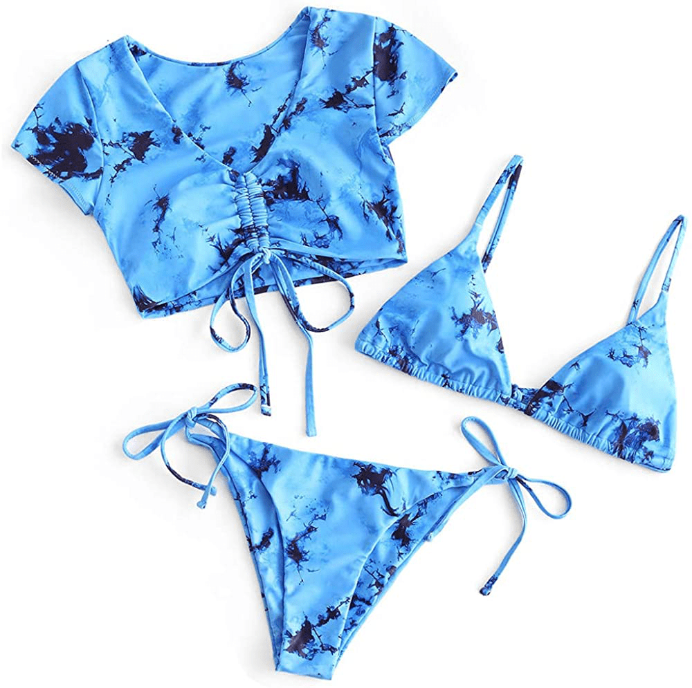 ZAFUL Women's Tie Dye Cinched String Triangle Bikini Set Three Piece Swimsuit Apparel & Accessories > Clothing > Swimwear ZAFUL F-3-piece Blue Large