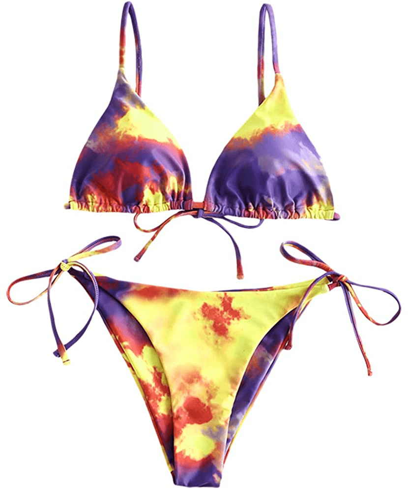 ZAFUL Women's Tie Dye Cinched String Triangle Bikini Set Three Piece Swimsuit Apparel & Accessories > Clothing > Swimwear ZAFUL 2 Piece-purple Medium