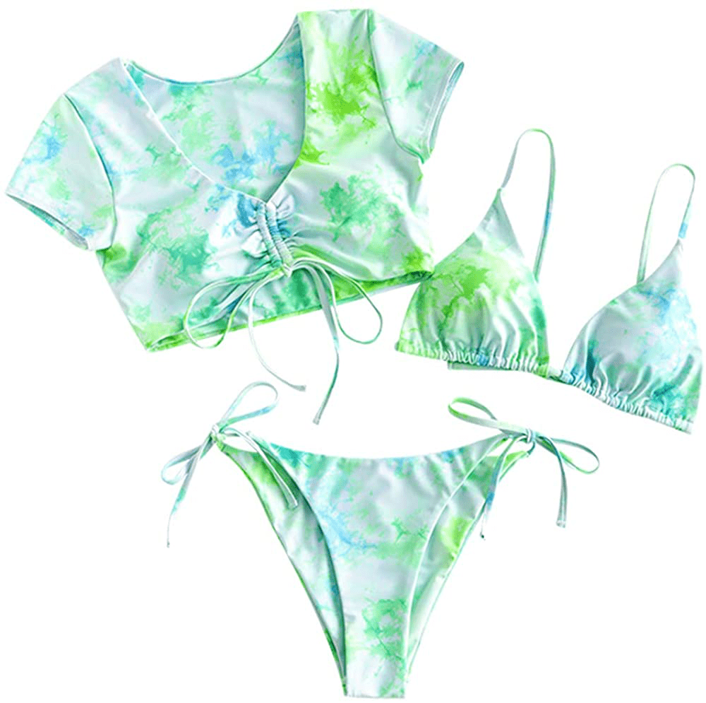 ZAFUL Women's Tie Dye Cinched String Triangle Bikini Set Three Piece Swimsuit Apparel & Accessories > Clothing > Swimwear ZAFUL Algae Green Small