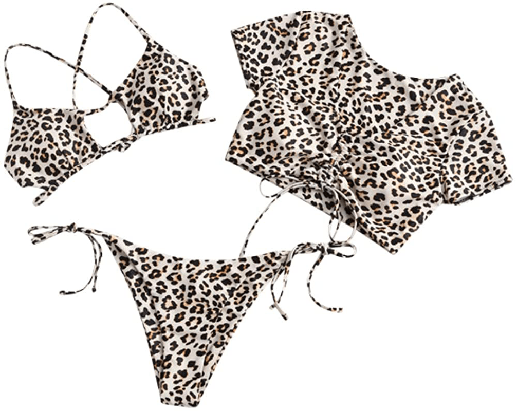 ZAFUL Women's Tie Dye Cinched String Triangle Bikini Set Three Piece Swimsuit Apparel & Accessories > Clothing > Swimwear ZAFUL 3 Piece-leopard Medium