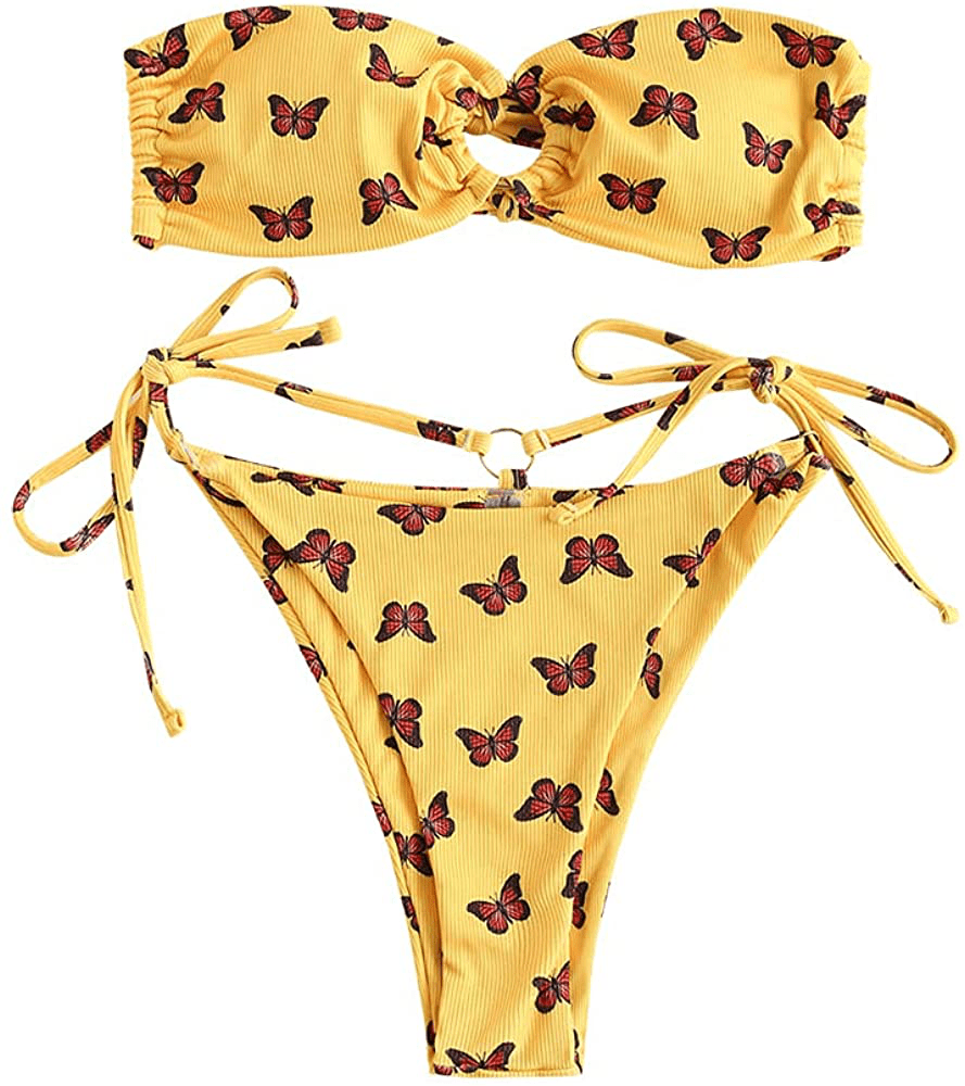 ZAFUL Women's Tie Dye Ribbed O Ring Lace Up Tie Side Bandeau Bikini Set Swimsuit H-yellow / Large