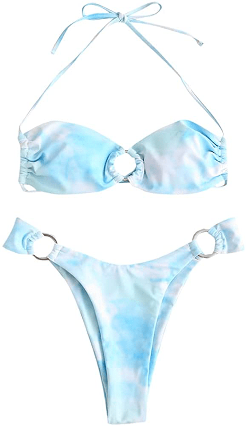 ZAFUL Women's Tie Dye Ribbed O Ring Lace Up Tie Side Bandeau Bikini Set Swimsuit K-light Blue / Small