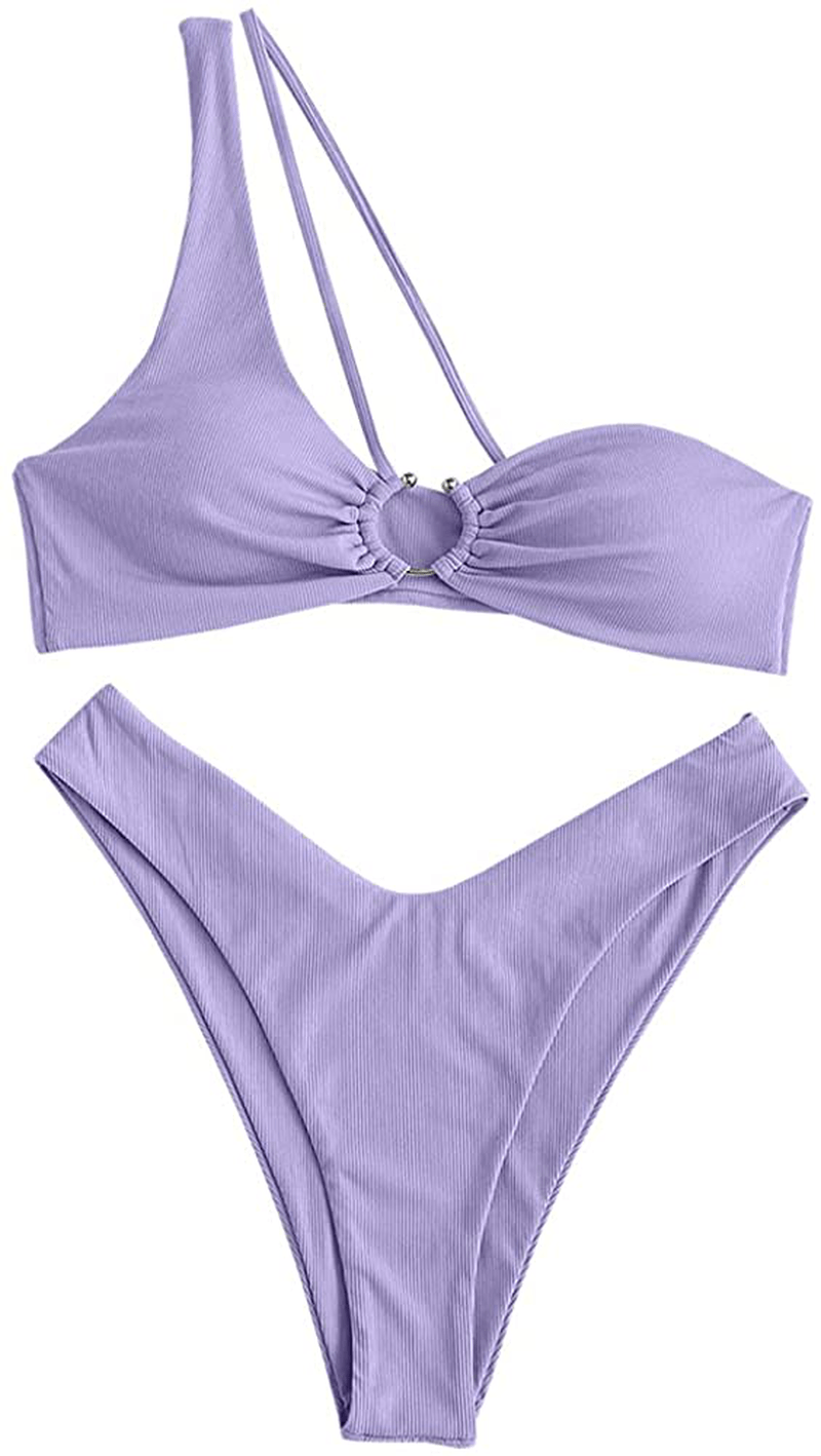 ZAFUL Women's Tie Dye Ribbed O Ring Lace Up Tie Side Bandeau Bikini Set Swimsuit B-purple / Large