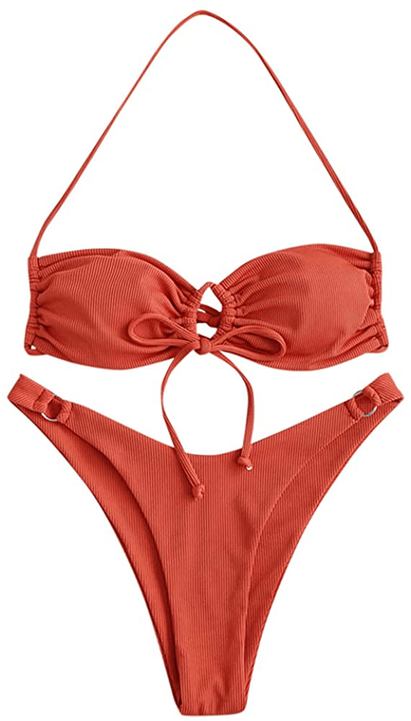 ZAFUL Women's Tie Dye Ribbed O Ring Lace Up Tie Side Bandeau Bikini Set Swimsuit Apparel & Accessories > Clothing > Swimwear ZAFUL L-orange Large