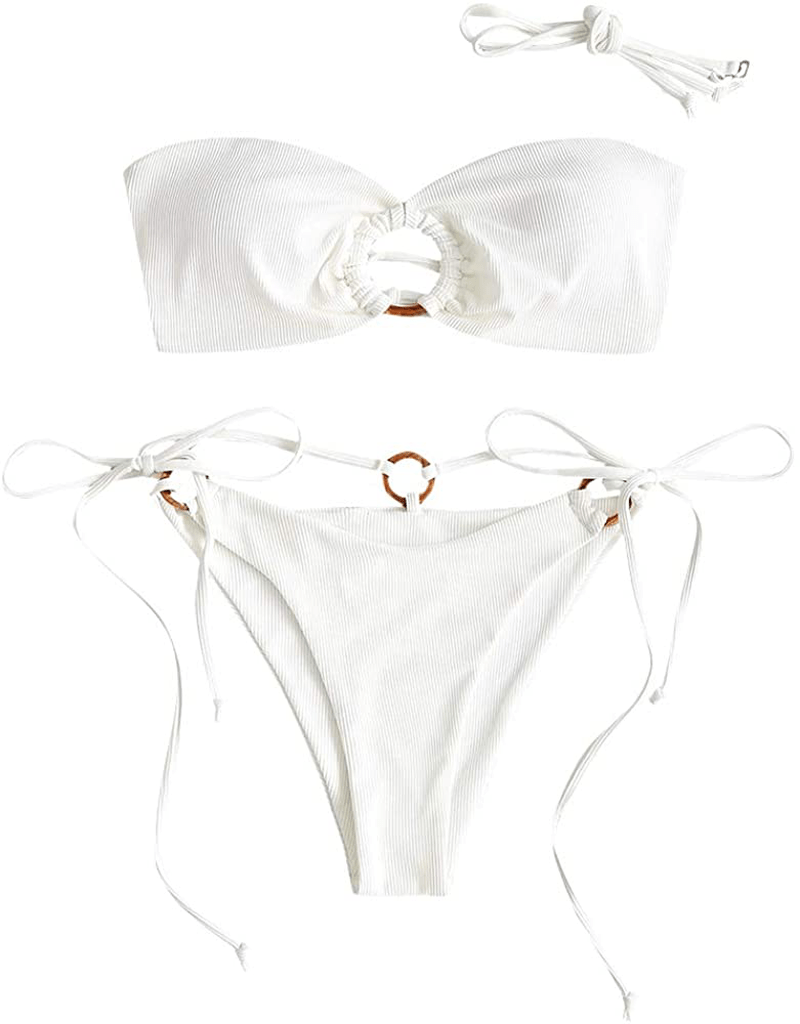 ZAFUL Women's Tie Dye Ribbed O Ring Lace Up Tie Side Bandeau Bikini Set Swimsuit Apparel & Accessories > Clothing > Swimwear ZAFUL D-white Large