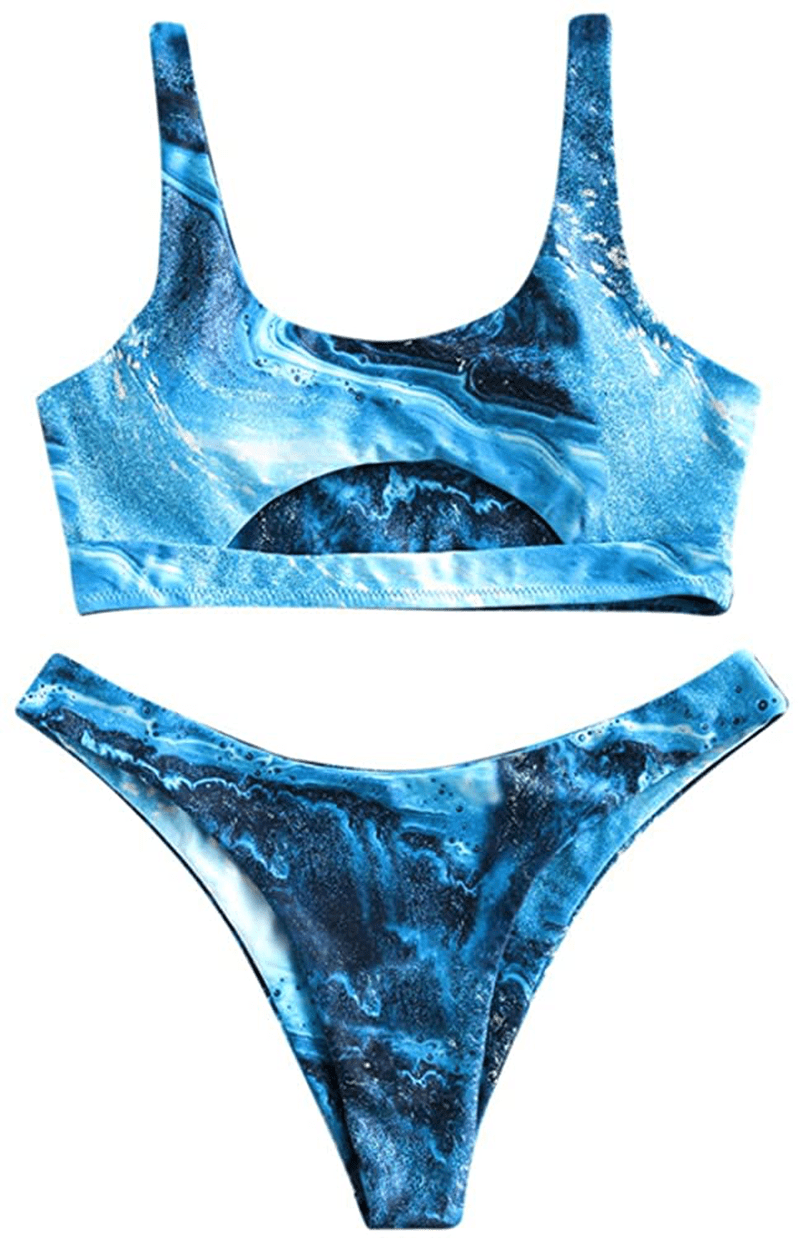 ZAFUL Women's Tie Dye V-Notch Cutout High Cut Bikini Set Two Piece Swimsuit Apparel & Accessories > Clothing > Swimwear ZAFUL C-blue Large