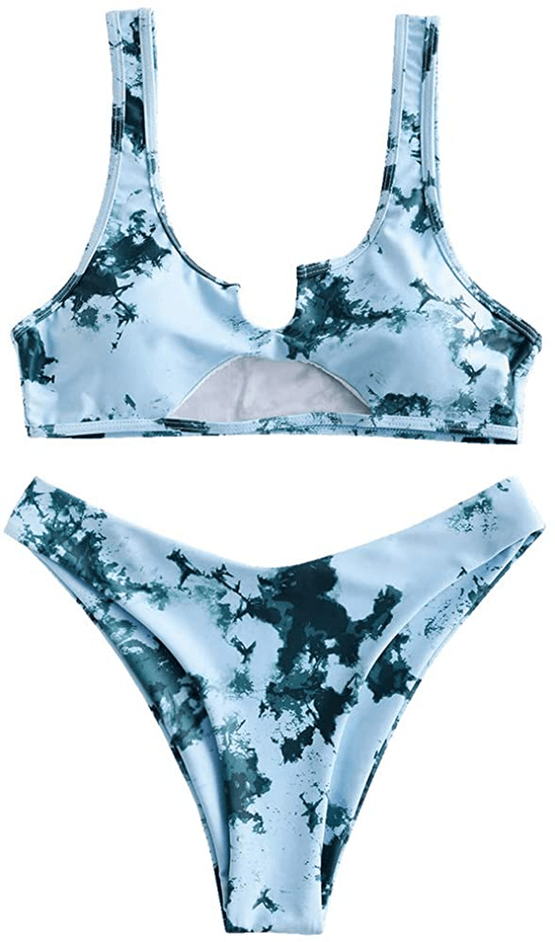 ZAFUL Women's Tie Dye V-Notch Cutout High Cut Bikini Set Two Piece Swimsuit Apparel & Accessories > Clothing > Swimwear ZAFUL A-blue Medium