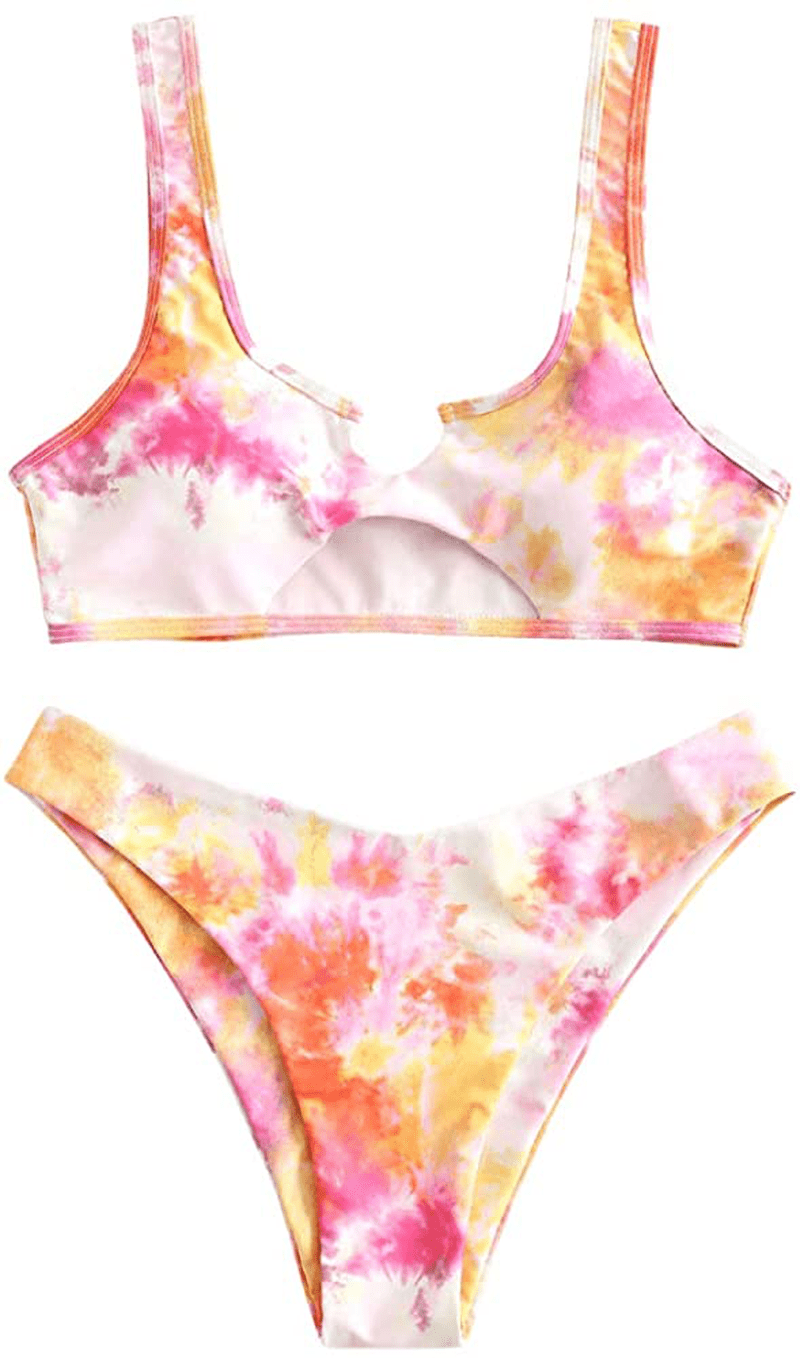 ZAFUL Women's Tie Dye V-Notch Cutout High Cut Bikini Set Two Piece Swimsuit Apparel & Accessories > Clothing > Swimwear ZAFUL L-orange Small