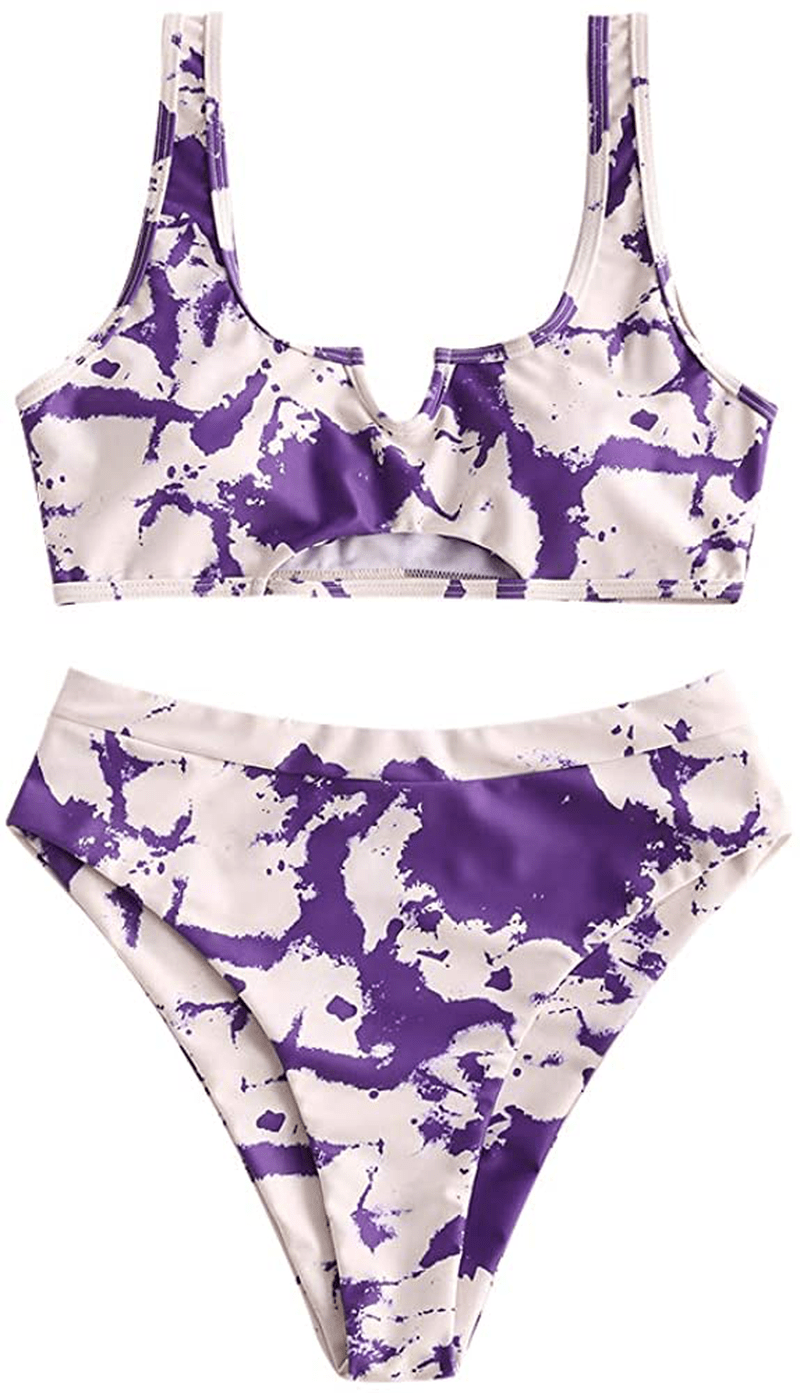 ZAFUL Women's Tie Dye V-Notch Cutout High Cut Bikini Set Two Piece Swimsuit Apparel & Accessories > Clothing > Swimwear ZAFUL I-purple Large