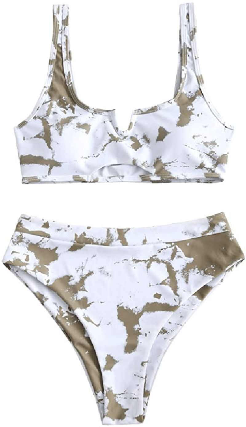 ZAFUL Women's Tie Dye V-Notch Cutout High Cut Bikini Set Two Piece Swimsuit Apparel & Accessories > Clothing > Swimwear ZAFUL I-white Small