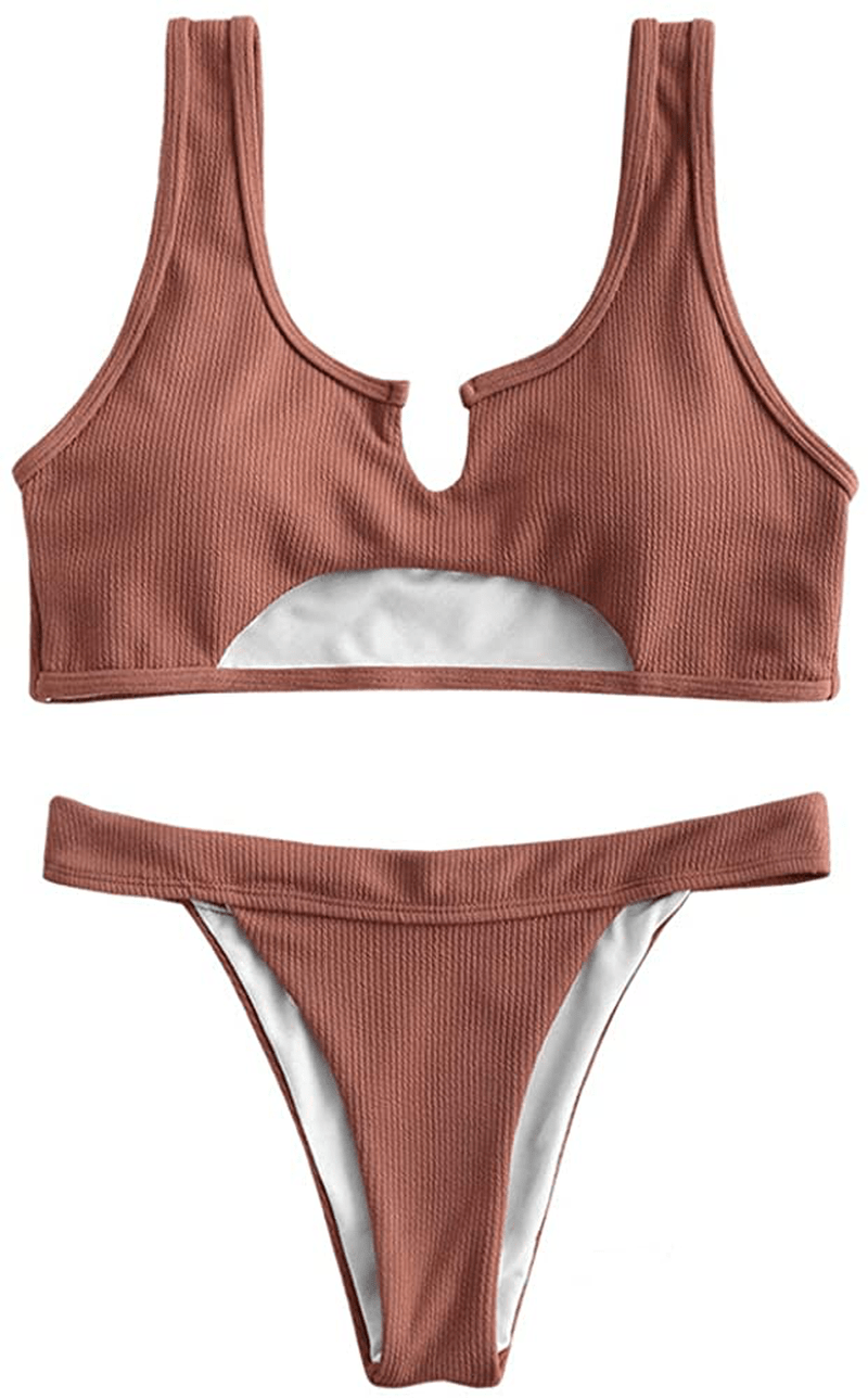 ZAFUL Women's Tie Dye V-Notch Cutout High Cut Bikini Set Two Piece Swimsuit Apparel & Accessories > Clothing > Swimwear ZAFUL B-brown Small