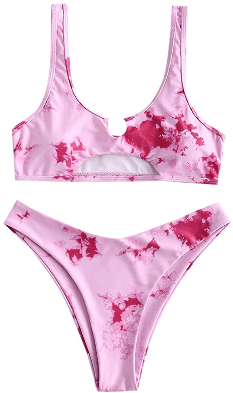 ZAFUL Women's Tie Dye V-Notch Cutout High Cut Bikini Set Two Piece Swimsuit Apparel & Accessories > Clothing > Swimwear ZAFUL L-hot Pink Small