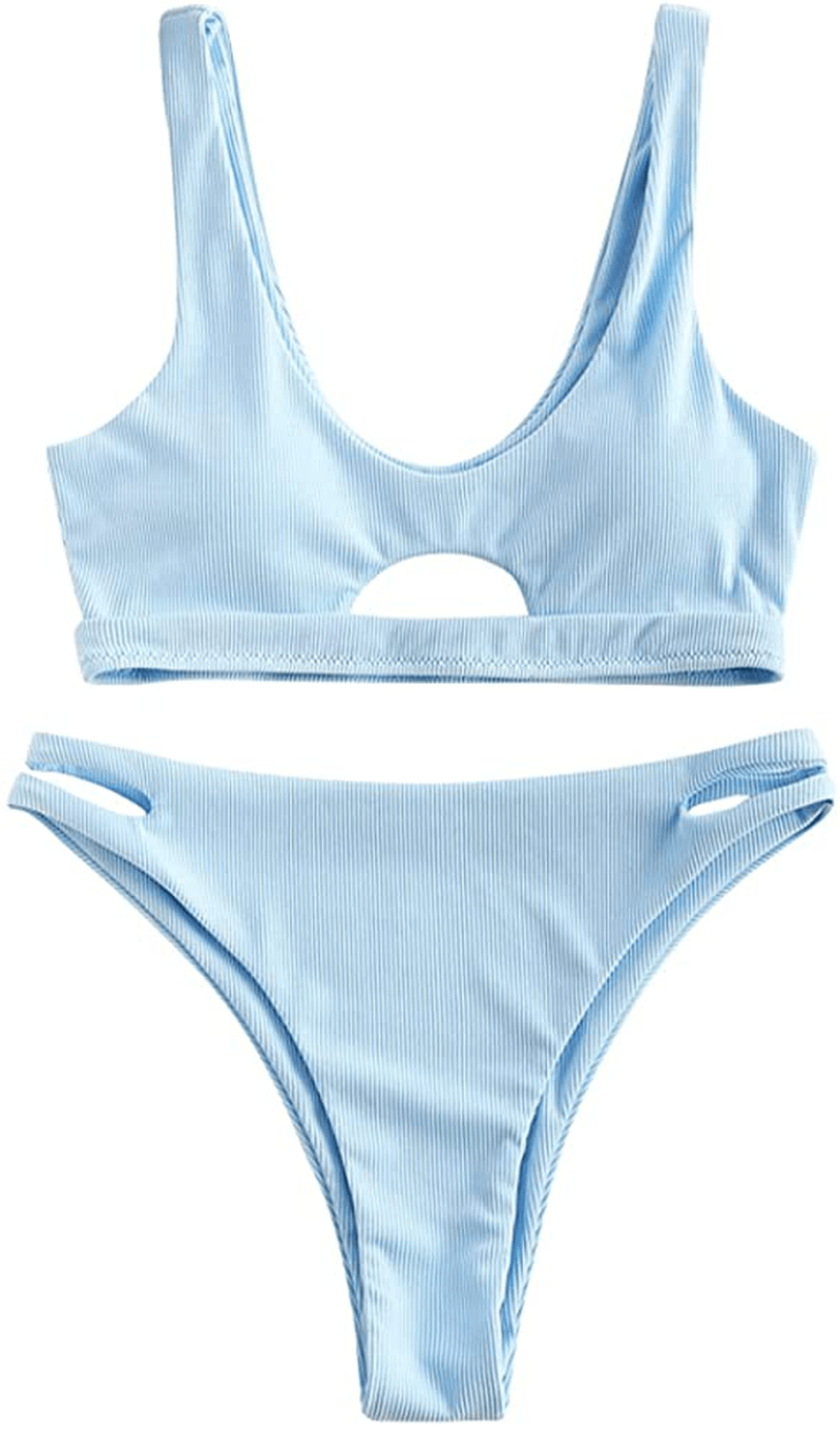 ZAFUL Women's Tie Dye V-Notch Cutout High Cut Bikini Set Two Piece Swimsuit Apparel & Accessories > Clothing > Swimwear ZAFUL H-light Blue Medium