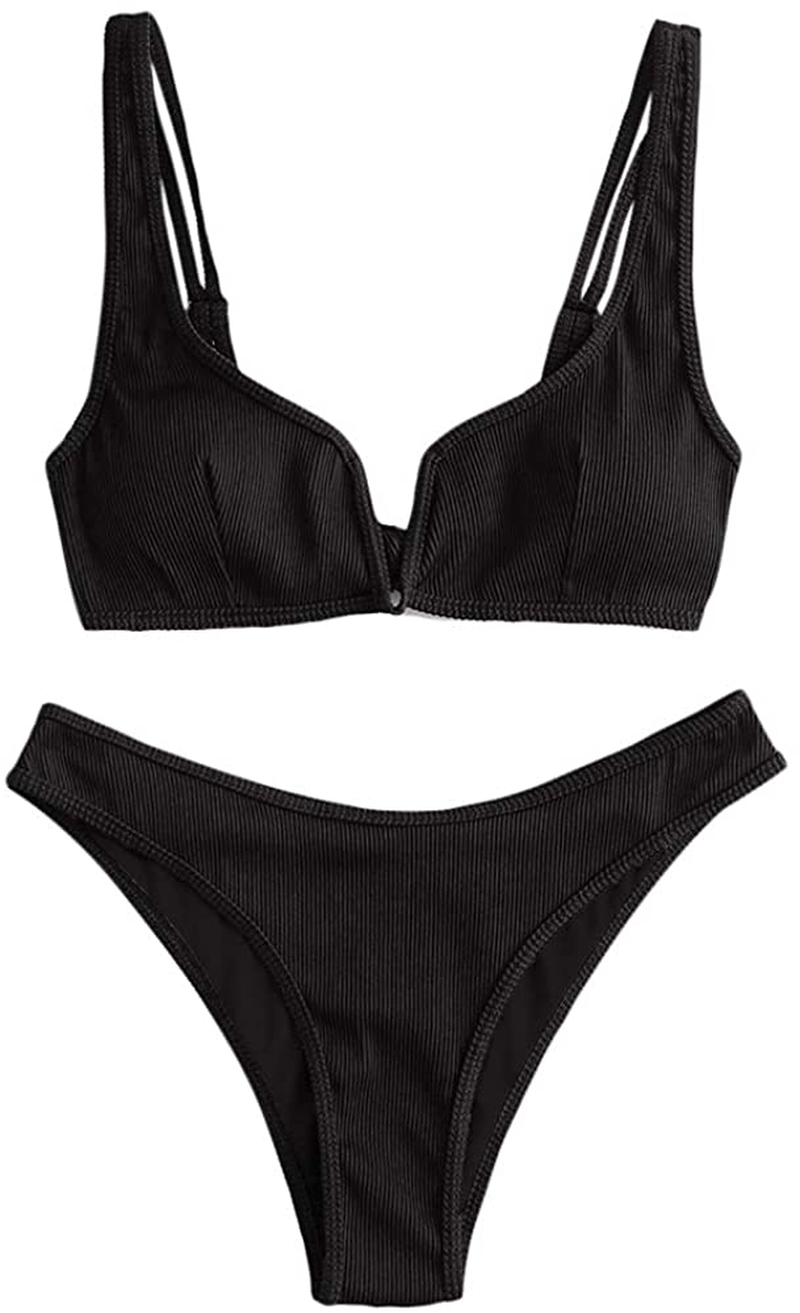 ZAFUL Women's V-Wire Padded Ribbed High Cut Cami Bikini Set Two Piece Swimsuit Apparel & Accessories > Clothing > Swimwear ZAFUL Wk-all Black Medium