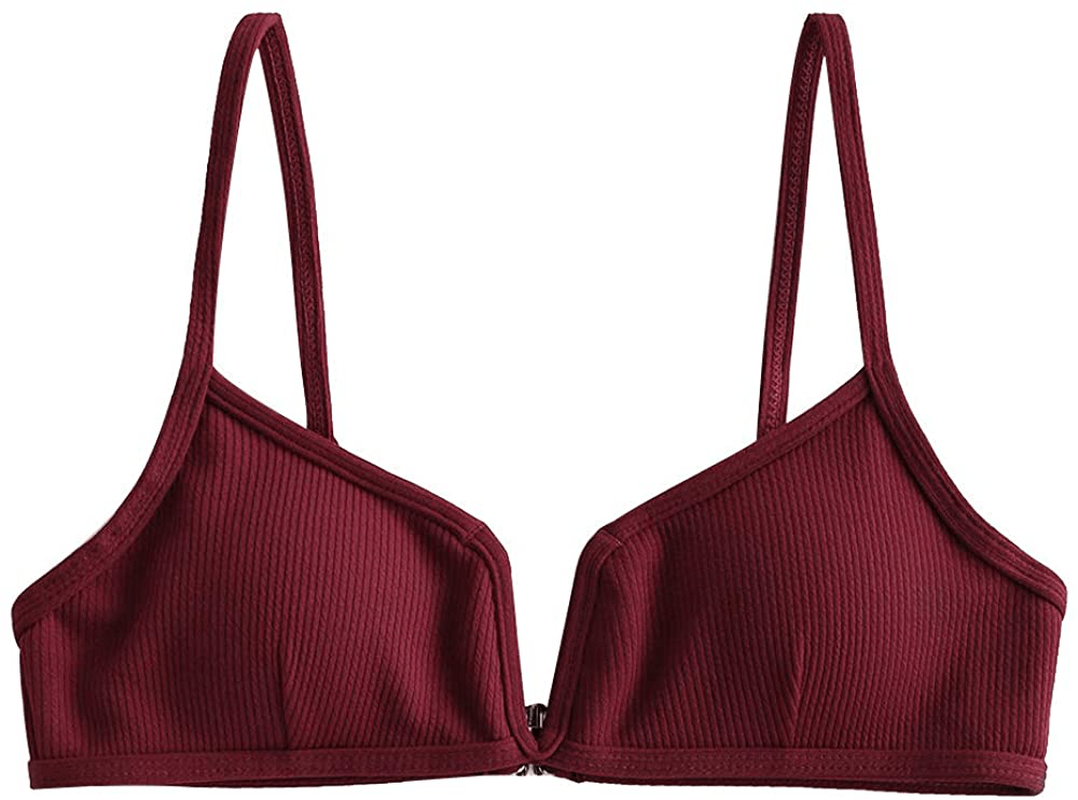 ZAFUL Women's V-Wire Padded Ribbed High Cut Cami Bikini Set Two Piece Swimsuit Apparel & Accessories > Clothing > Swimwear ZAFUL X-top Wine Large