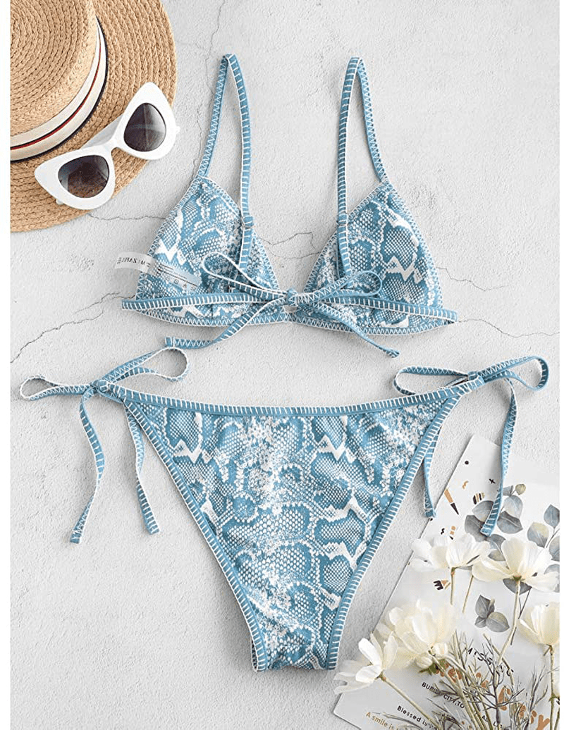 ZAFUL Women's Whip Stitch Textured String Triangle Bikini Set Two Piece Swimsuit Apparel & Accessories > Clothing > Swimwear ZAFUL