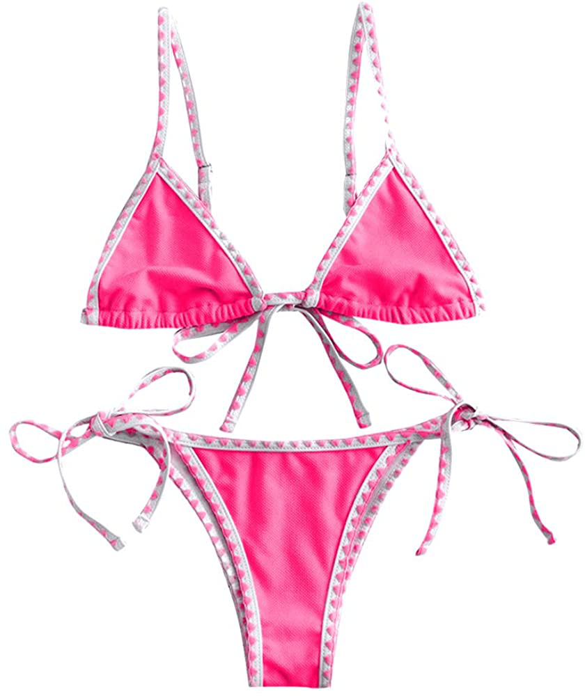 ZAFUL Women's Whip Stitch Textured String Triangle Bikini Set Two Piece Swimsuit Apparel & Accessories > Clothing > Swimwear ZAFUL Hot Pink Large
