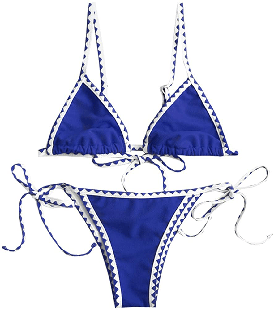 ZAFUL Women's Whip Stitch Textured String Triangle Bikini Set Two Piece Swimsuit Apparel & Accessories > Clothing > Swimwear ZAFUL Cobalt Blue Medium