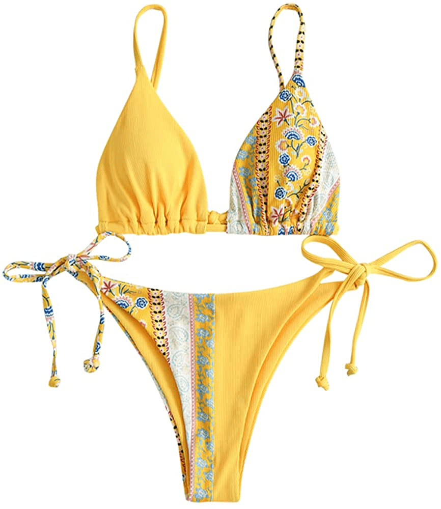 ZAFUL Women's Whip Stitch Textured String Triangle Bikini Set Two Piece Swimsuit Apparel & Accessories > Clothing > Swimwear ZAFUL A-yellow Medium