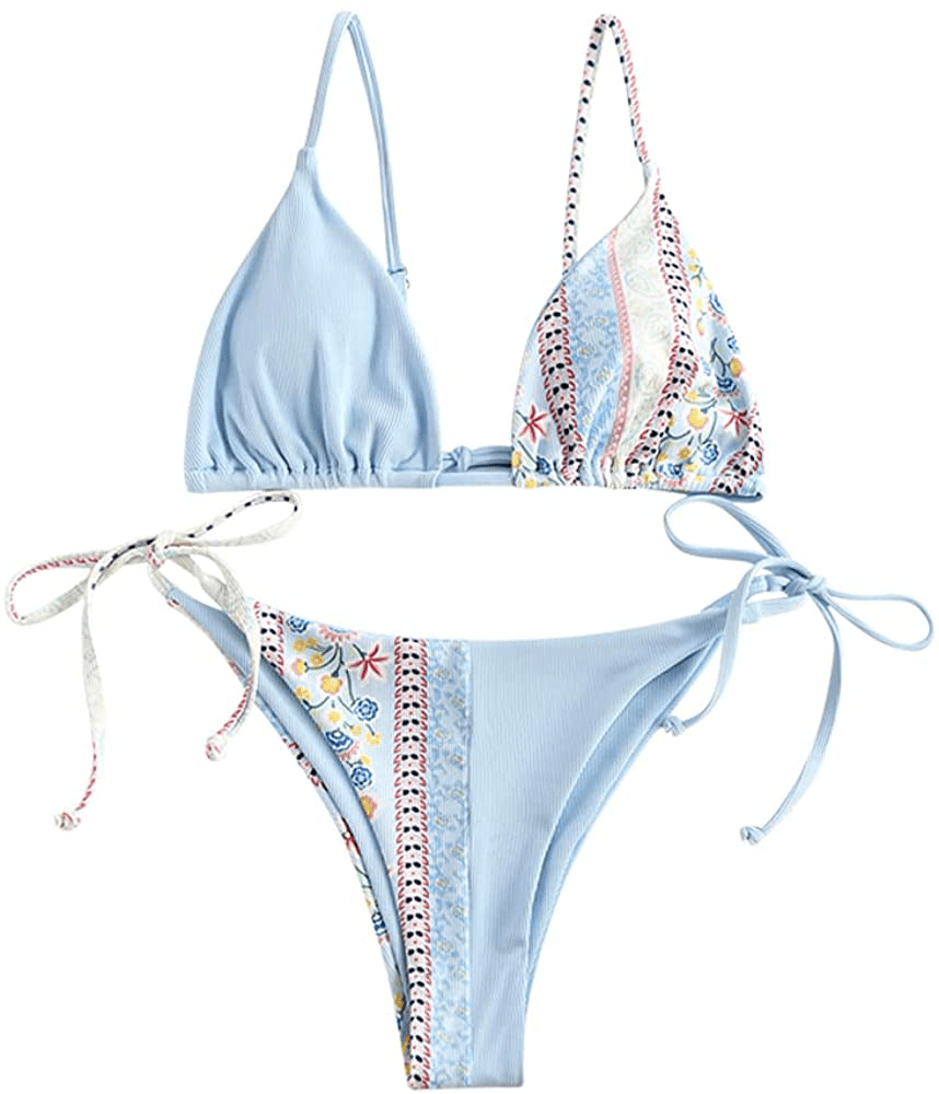 ZAFUL Women's Whip Stitch Textured String Triangle Bikini Set Two Piece Swimsuit Apparel & Accessories > Clothing > Swimwear ZAFUL A-light Blue Medium
